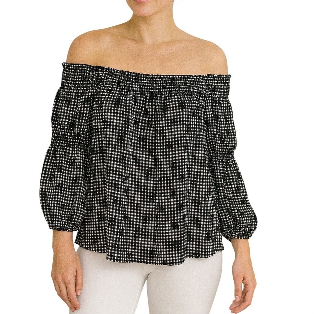 CeCe Women's Sz Sm Blouse Black White gingham Puff Sleeve Square Neck Top Whimsi